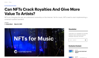 <p><a href="https://consensys.net/blog/blockchain-explained/can-nfts-crack-royalties-and-give-more-value-to-artists/">https://consensys.net/blog/blockchain-explained/can-nfts-crack-royalties-and-give-more-value-to-artists/</a></p>